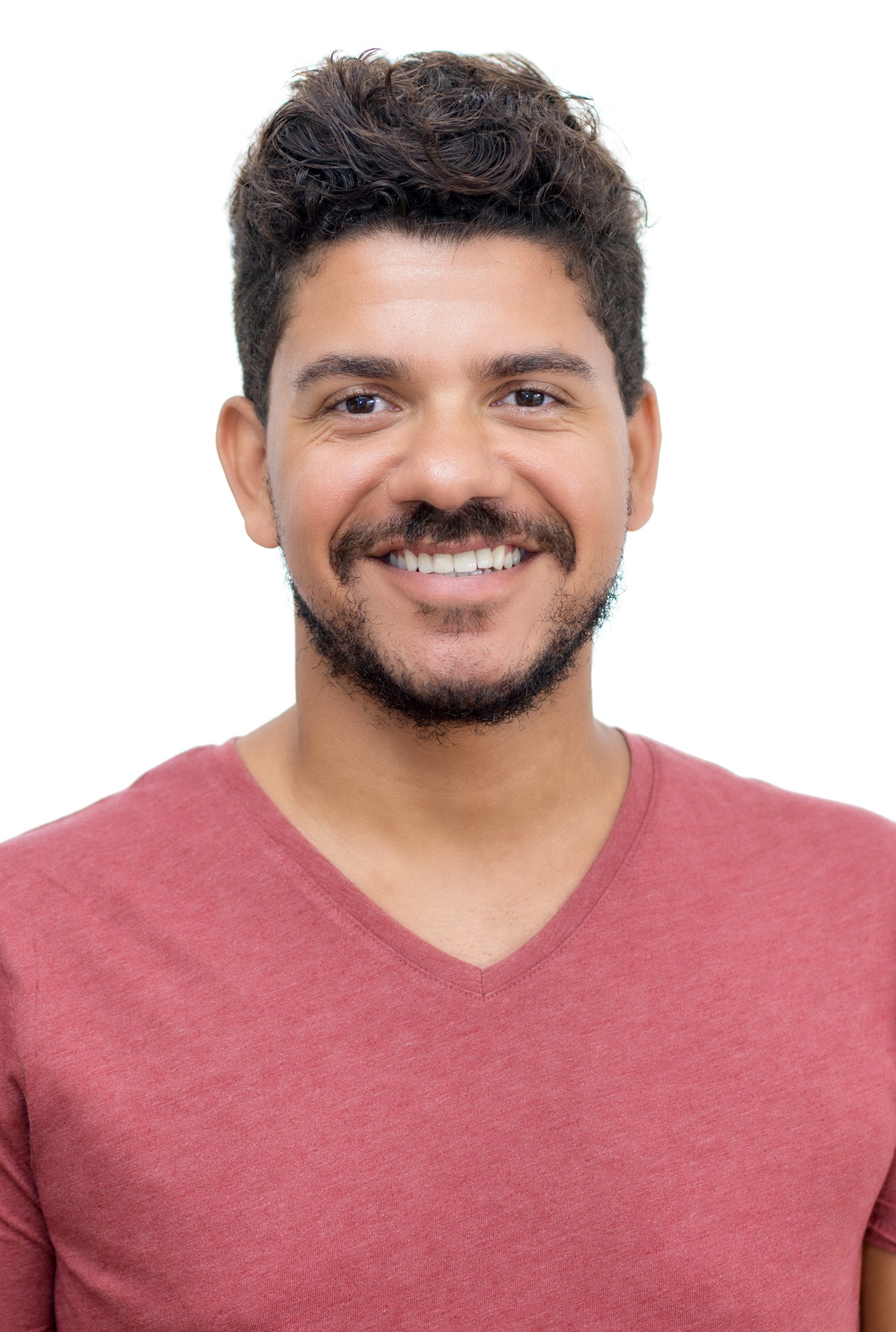 Passport photo of happy laughing latin american man with beard Passport photo of happy laughing latin american man with beard on isolated white background for cut out